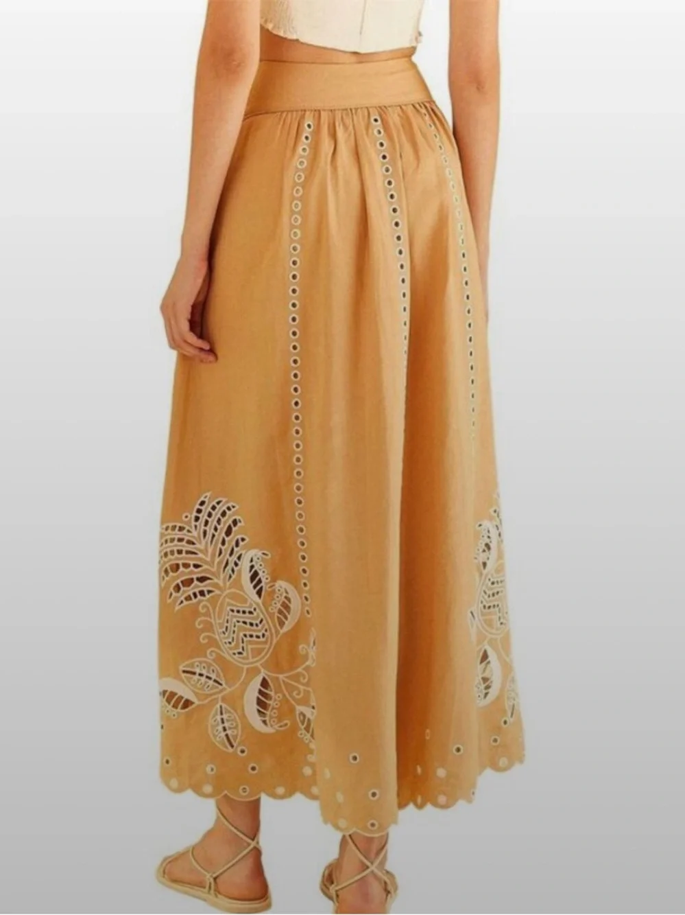 FARM Rio Tan Maxi Skirt with White Cutwork Embroidery - Picture 2 of 6